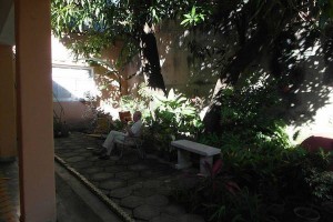 Theo leest een boek in de tuin van een bed & breakfast in Cuba